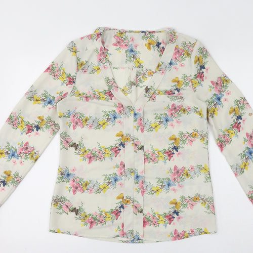Oasis Womens White Floral Polyester Basic Blouse Size 10 V-Neck
