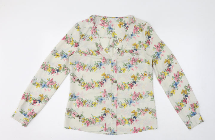 Oasis Womens White Floral Polyester Basic Blouse Size 10 V-Neck