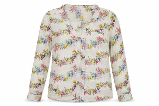 Front view of Oasis women’s white floral polyester basic blouse, size UK 10, v-neck