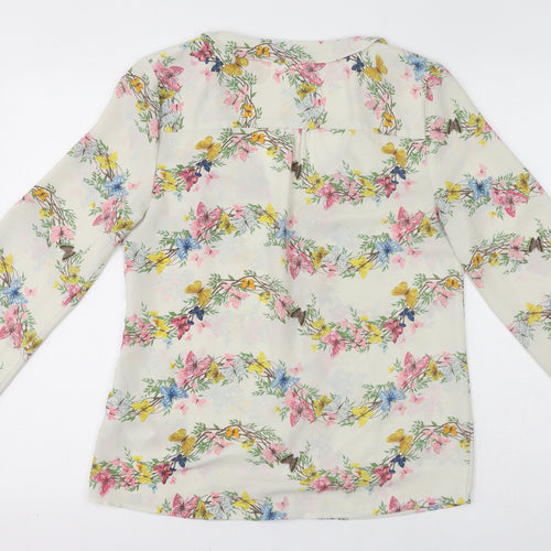Oasis Womens White Floral Polyester Basic Blouse Size 10 V-Neck
