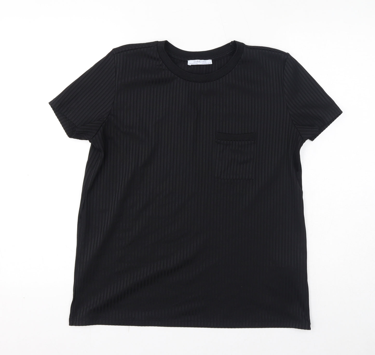 Zara Womens Black Polyester Basic T-Shirt Size M Round Neck