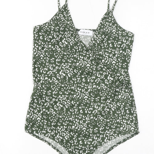 Gilli Womens Green Animal Print Polyester Bodysuit One-Piece Size L Button - Leopard Print