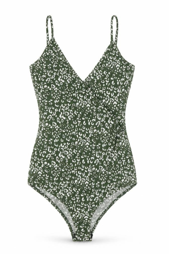 Front view of Gilli women’s green animal print polyester bodysuit one-piece, size L, button - leopard print