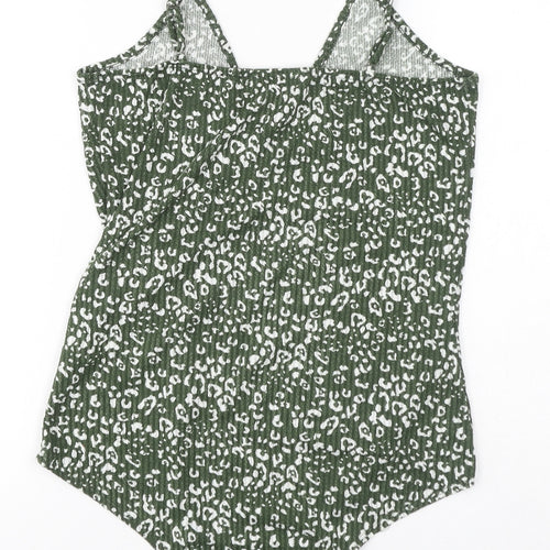 Gilli Womens Green Animal Print Polyester Bodysuit One-Piece Size L Button - Leopard Print