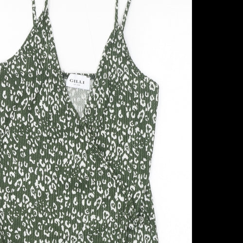 Gilli Womens Green Animal Print Polyester Bodysuit One-Piece Size L Button - Leopard Print