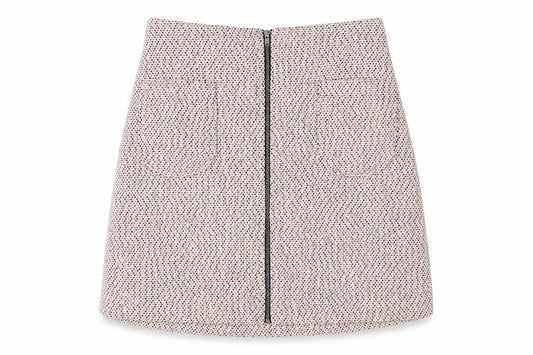 Front view of New Look women’s pink geometric cotton a-line skirt, size UK 8, zip