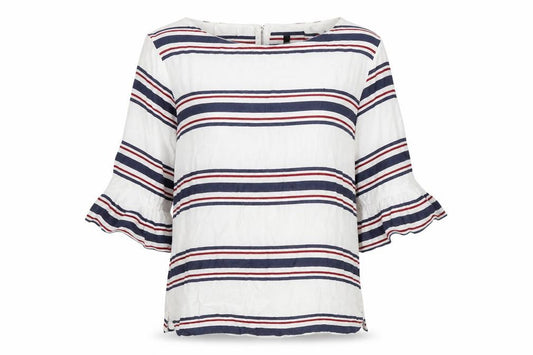 Front view of New Look women’s multicoloured striped viscose basic blouse, size UK 8, round neck