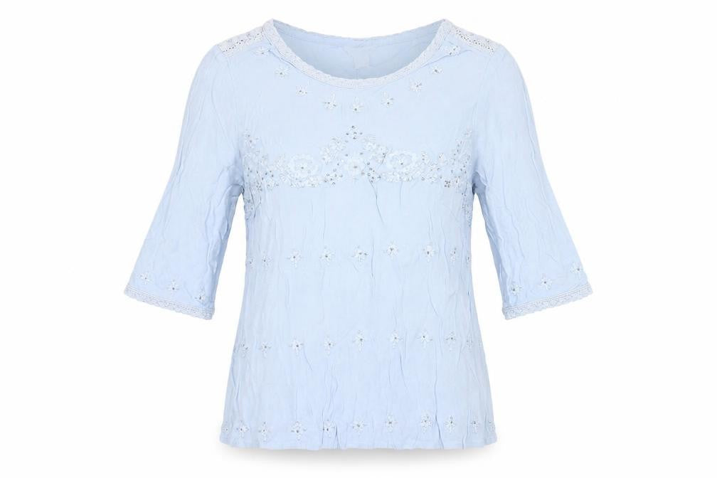 Front view of Monsoon women’s blue viscose basic t-shirt, size UK 14, round neck