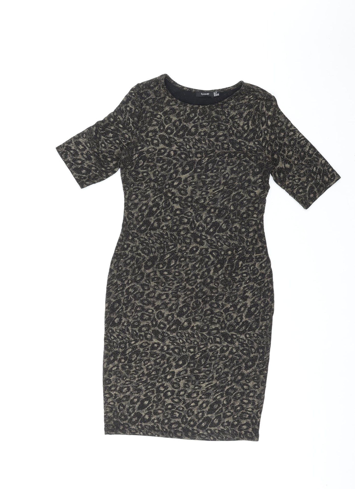 Forever Womens Gold Animal Print Polyester Shift Size 8 Round Neck Pullover - Leopard Pattern