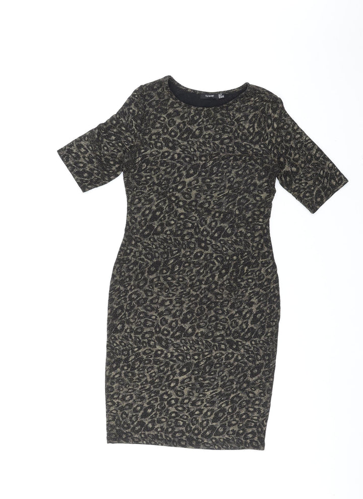Forever Womens Gold Animal Print Polyester Shift Size 8 Round Neck Pullover - Leopard Pattern