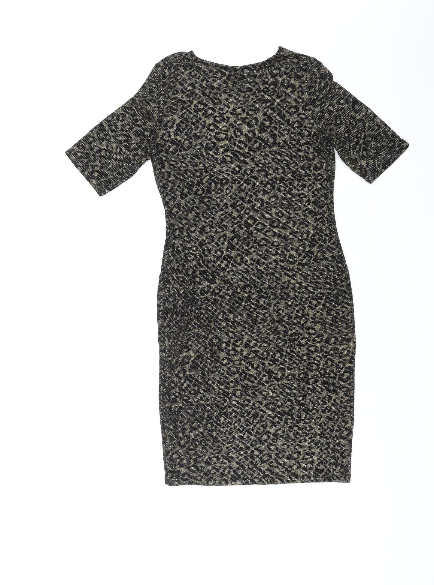Forever Womens Gold Animal Print Polyester Shift Size 8 Round Neck Pullover - Leopard Pattern