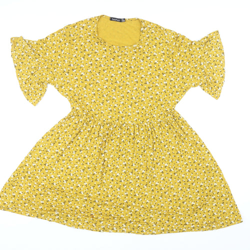 Boohoo Womens Yellow Floral Trivinyl A-Line Size 14 Round Neck Pullover