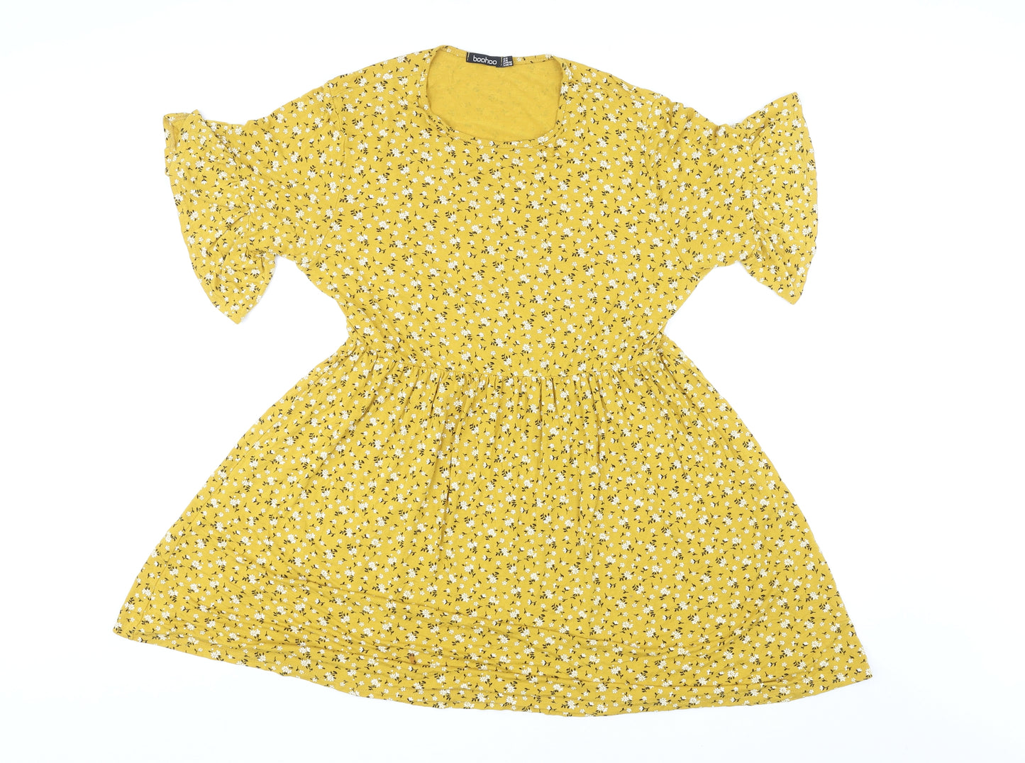 Boohoo Womens Yellow Floral Trivinyl A-Line Size 14 Round Neck Pullover