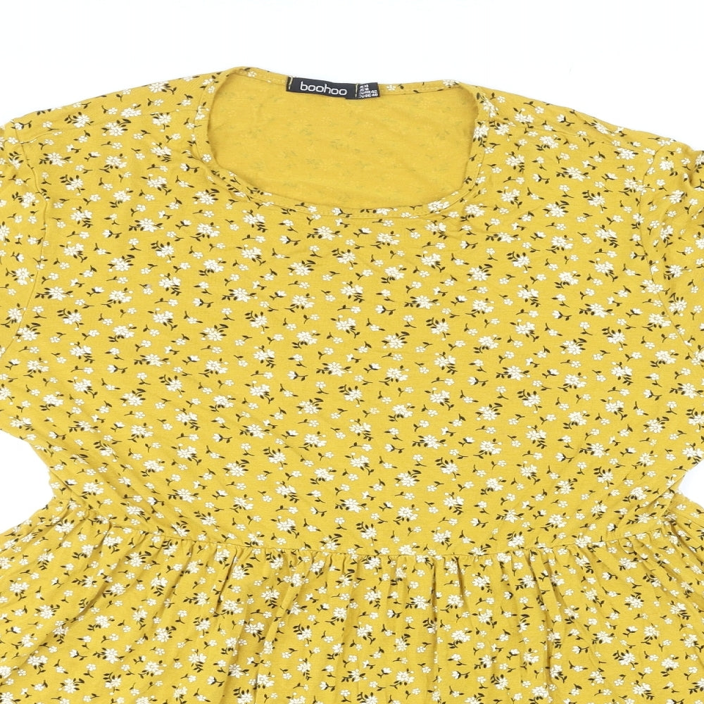 Boohoo Womens Yellow Floral Trivinyl A-Line Size 14 Round Neck Pullover
