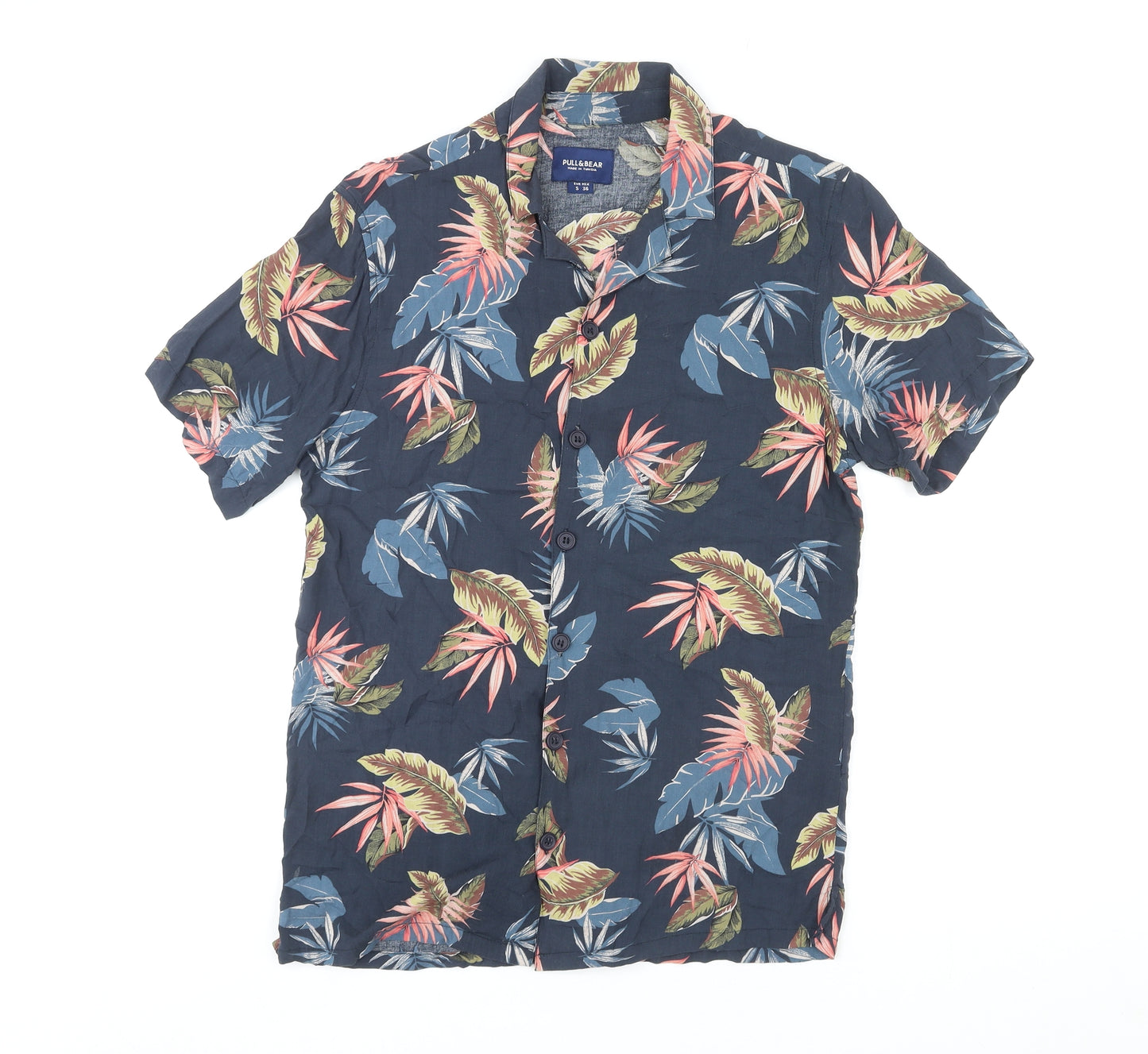 Pull&Bear Mens Multicoloured Geometric Viscose Button-Up Size S Collared Button - Leaf Pattern