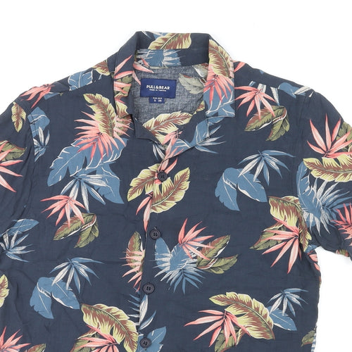 Pull&Bear Mens Multicoloured Geometric Viscose Button-Up Size S Collared Button - Leaf Pattern