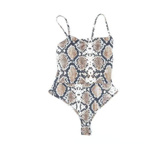 PRETTYLITTLETHING Womens Multicoloured Animal Print Polyester Bodysuit One-Piece Size 6 Snap - Snakeskin Pattern