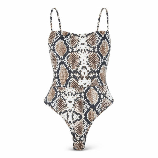 Front view of PRETTYLITTLETHING women’s multicoloured animal print polyester bodysuit one-piece, snap - snakeskin pattern