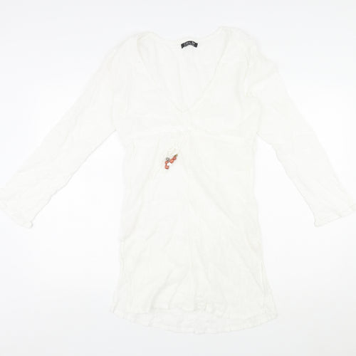 Coral Bay Womens White Polka Dot Cotton Shift Size M V-Neck Pullover - Drawstring Detail