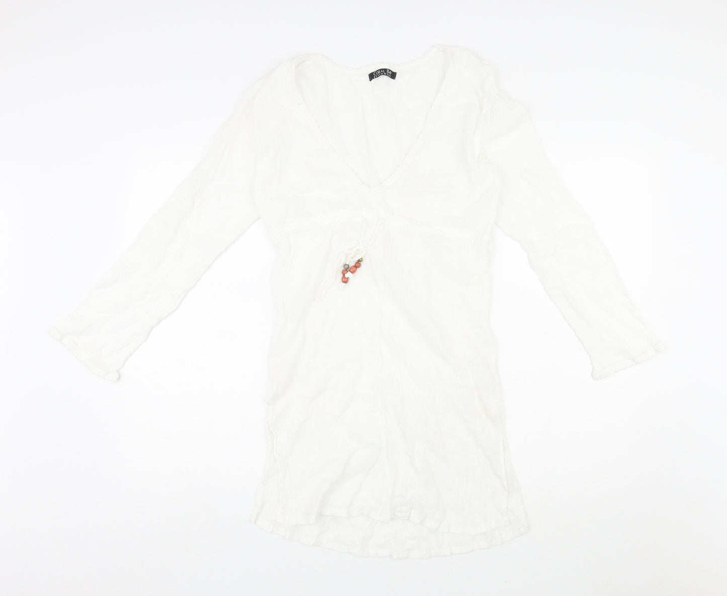 Coral Bay Womens White Polka Dot Cotton Shift Size M V-Neck Pullover - Drawstring Detail