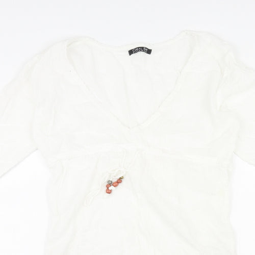 Coral Bay Womens White Polka Dot Cotton Shift Size M V-Neck Pullover - Drawstring Detail