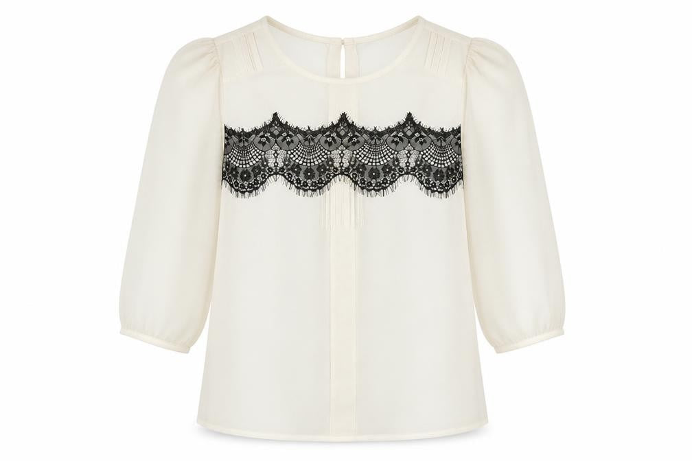 Front view of Dorothy Perkins women’s ivory polyester basic blouse, size UK 6, round neck - lace overlay