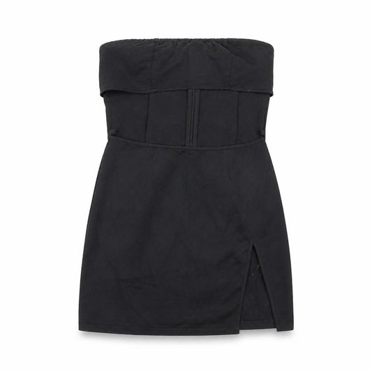 Front view of PRETTYLITTLETHING women’s black polyester mini, size UK 10, off the shoulder zip