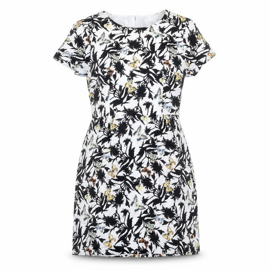 Front view of Oasis women’s multicoloured geometric cotton shift, size UK 8, round neck zip - butterfly print