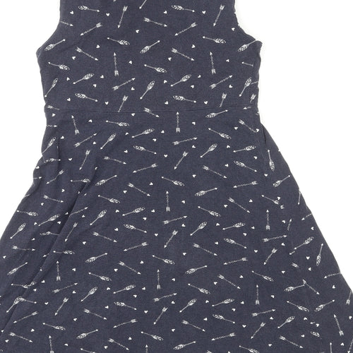 Red Herring Womens Blue Geometric Cotton A-Line Size 8 Round Neck Pullover - Heart & Arrow