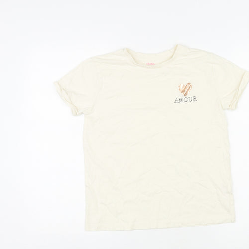 Studio Girls Ivory Cotton Basic T-Shirt Size 10-11 Years Round Neck Pullover