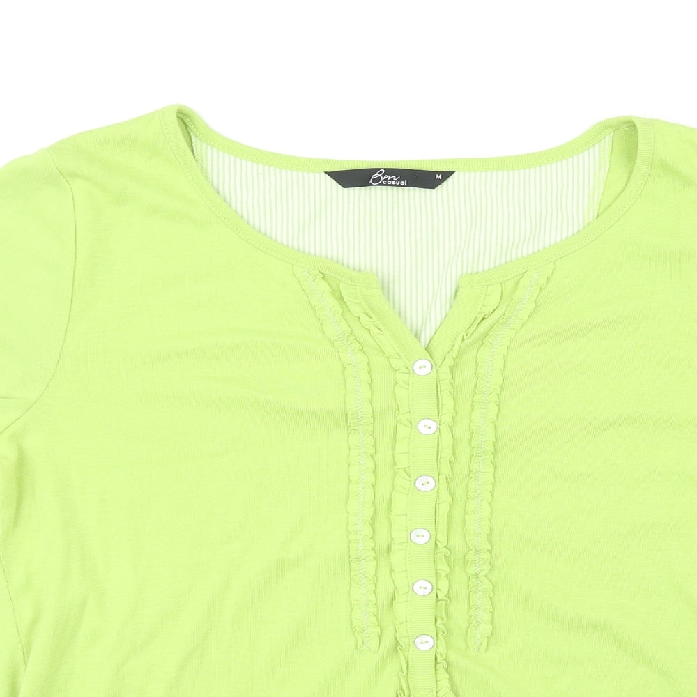 BM Casual Womens Green Polyester Basic T-Shirt Size M Round Neck