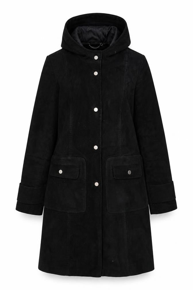Front view of Next women’s black parka coat, size UK 8, snap