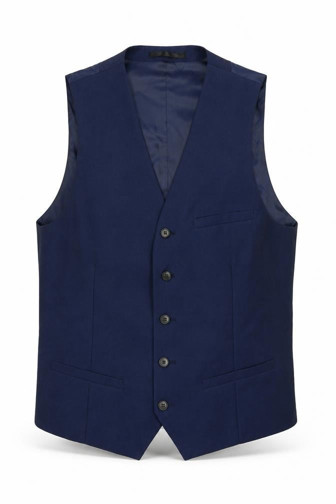 Front view of Topman men’s blue polyester jacket suit waistcoat, size 42, regular