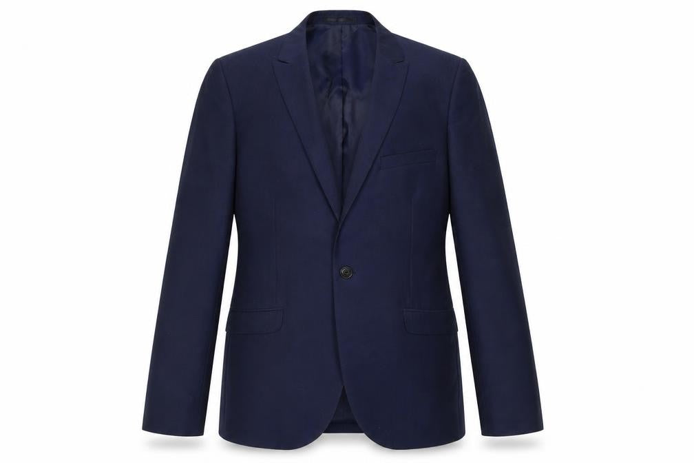 Front view of Topman men’s blue polyester jacket suit jacket, size 42, regular