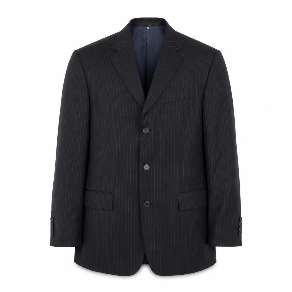 Front view of Marks & Spencer men’s black striped wool jacket suit jacket, size 38, regular