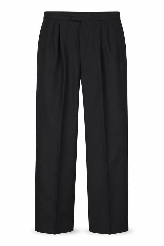 Front view of Executex men’s black polyester trousers, size 36, in, 31-inch leg regular zip