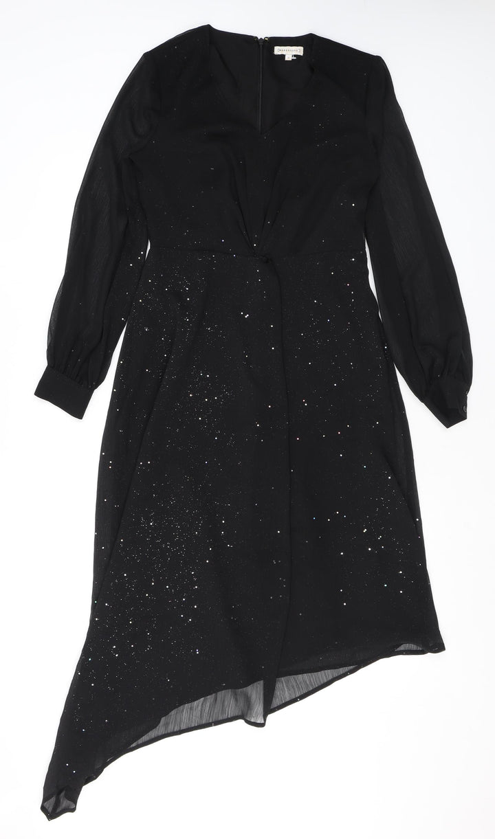 Warehouse Womens Black Polyester Fit & Flare Size 10 V-Neck Zip