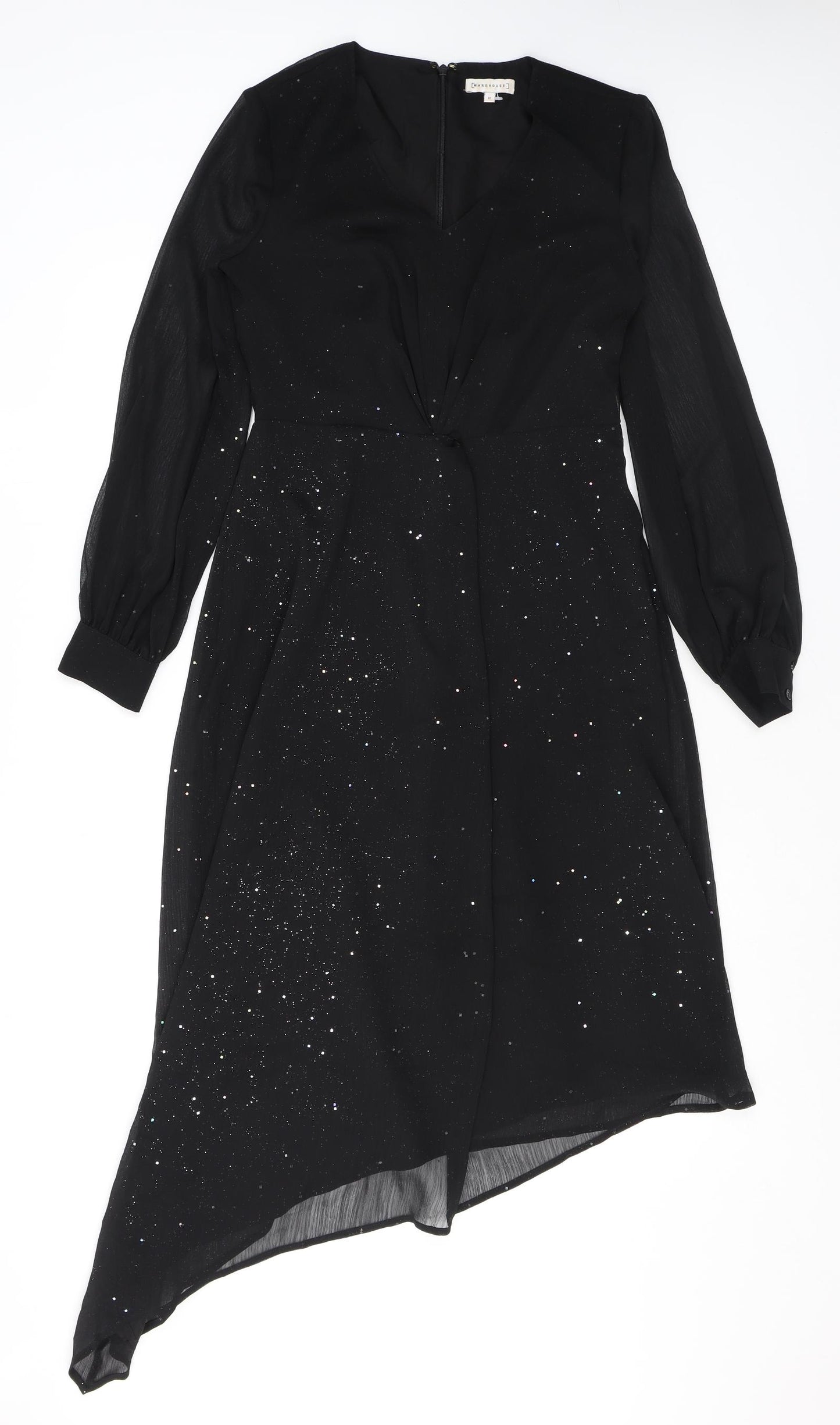 Warehouse Womens Black Polyester Fit & Flare Size 10 V-Neck Zip