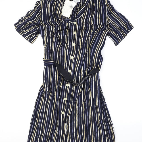 Marks and Spencer Womens Blue Striped Viscose Shirt Dress Size 16 Collared Button