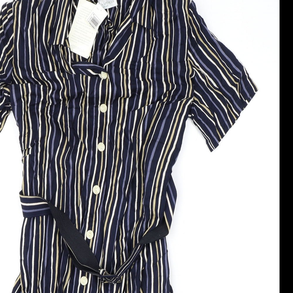 Marks and Spencer Womens Blue Striped Viscose Shirt Dress Size 16 Collared Button