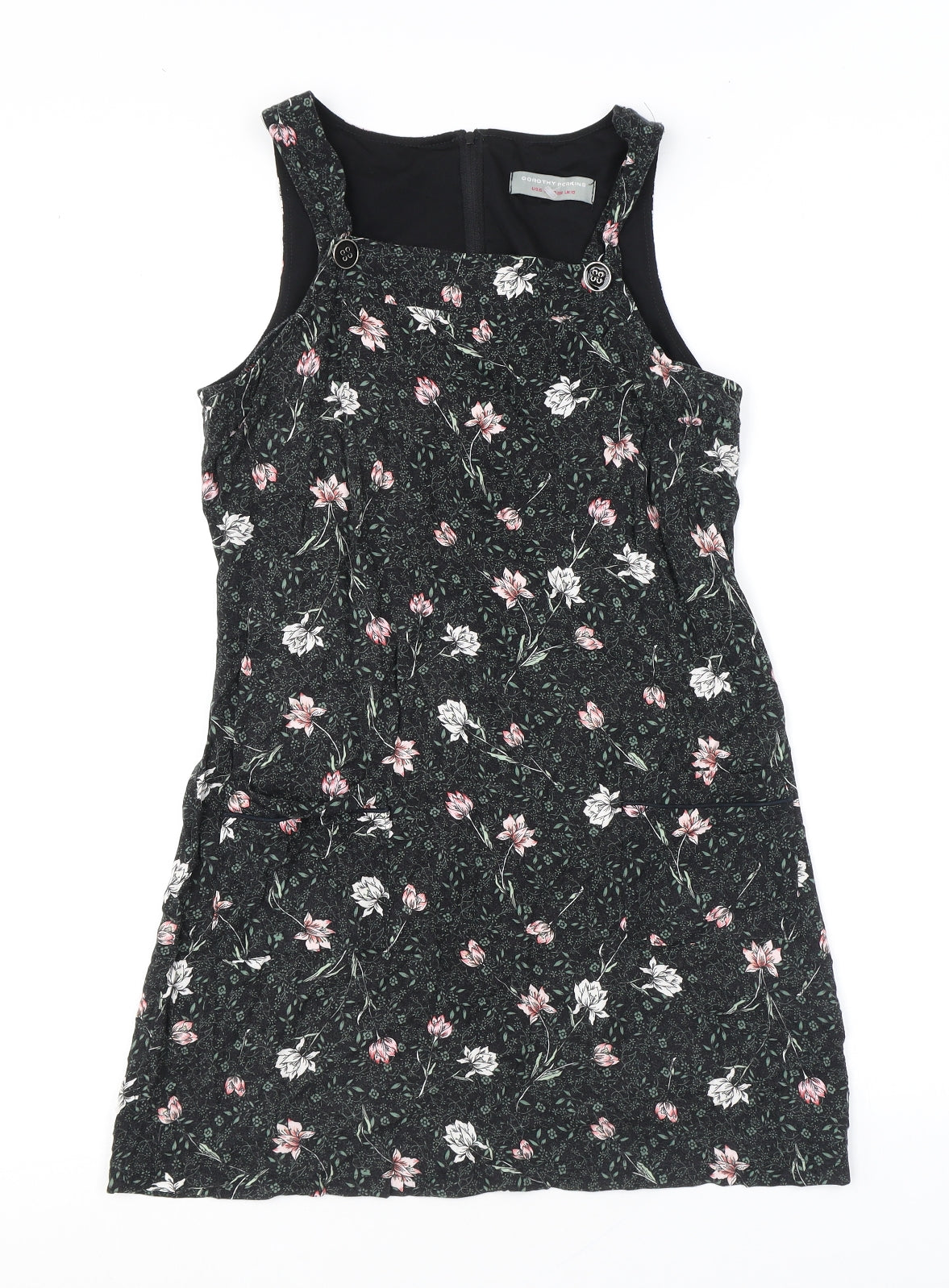 Dorothy Perkins Womens Black Floral Viscose Shift Size 10 Square Neck Zip