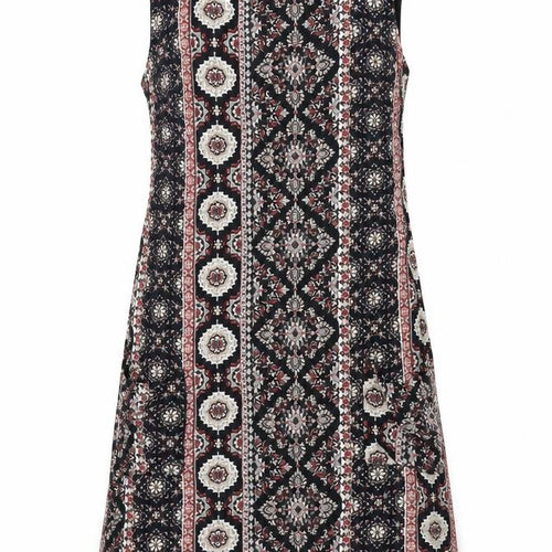 Dorothy Perkins Womens Black Geometric Viscose A-Line Size 8 Round Neck Zip