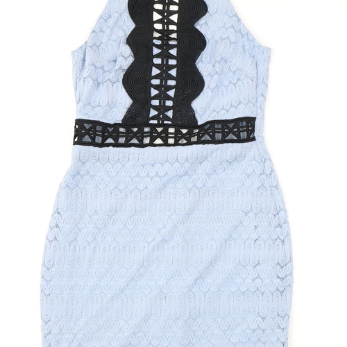 Topshop Womens Blue Geometric Nylon Shift Size 6 Square Neck Hook & Eye - Open Back