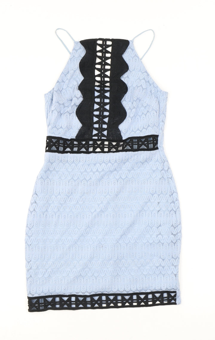Topshop Womens Blue Geometric Nylon Shift Size 6 Square Neck Hook & Eye - Open Back