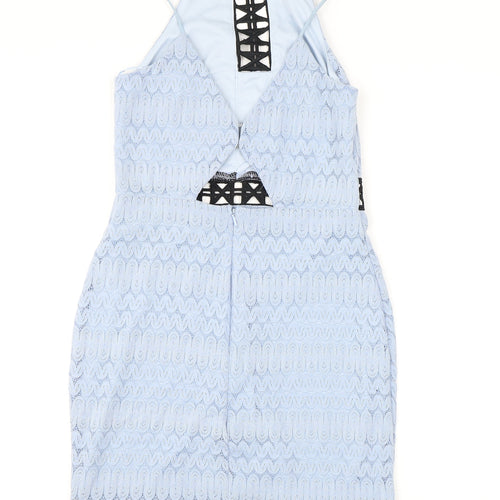 Topshop Womens Blue Geometric Nylon Shift Size 6 Square Neck Hook & Eye - Open Back
