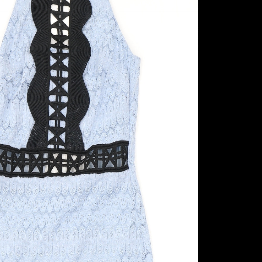 Topshop Womens Blue Geometric Nylon Shift Size 6 Square Neck Hook & Eye - Open Back