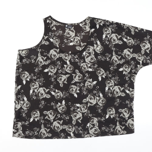 Sparkle & Fade Womens Black Floral Polyester Basic T-Shirt Size M One Shoulder