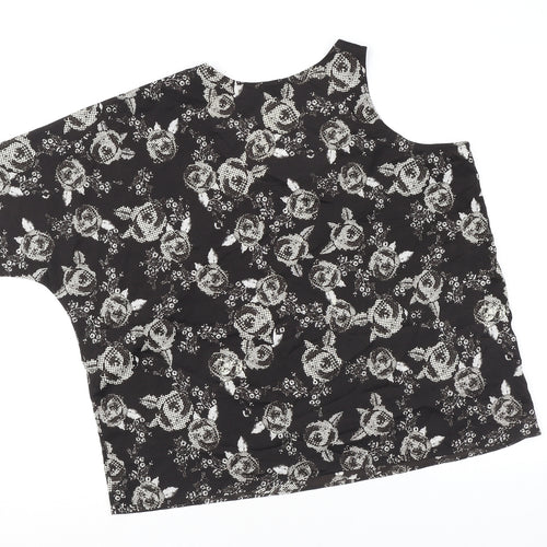 Sparkle & Fade Womens Black Floral Polyester Basic T-Shirt Size M One Shoulder