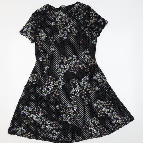 M&Co Womens Black Polka Dot Viscose A-Line Size 14 Round Neck Pullover - Floral