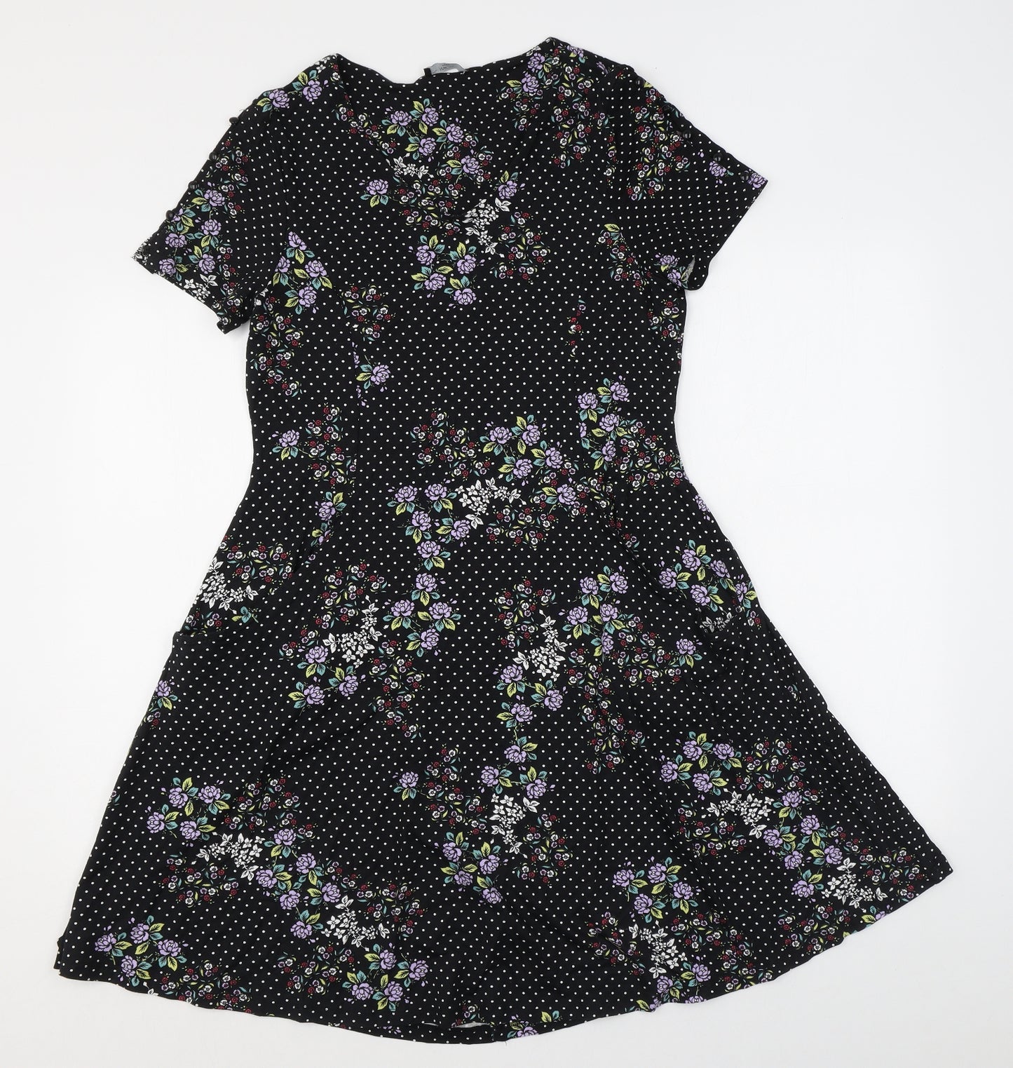 M&Co Womens Black Polka Dot Viscose A-Line Size 14 Round Neck Pullover - Floral